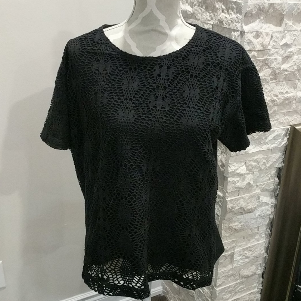 Frank Saul black crochet short sleeve shirt